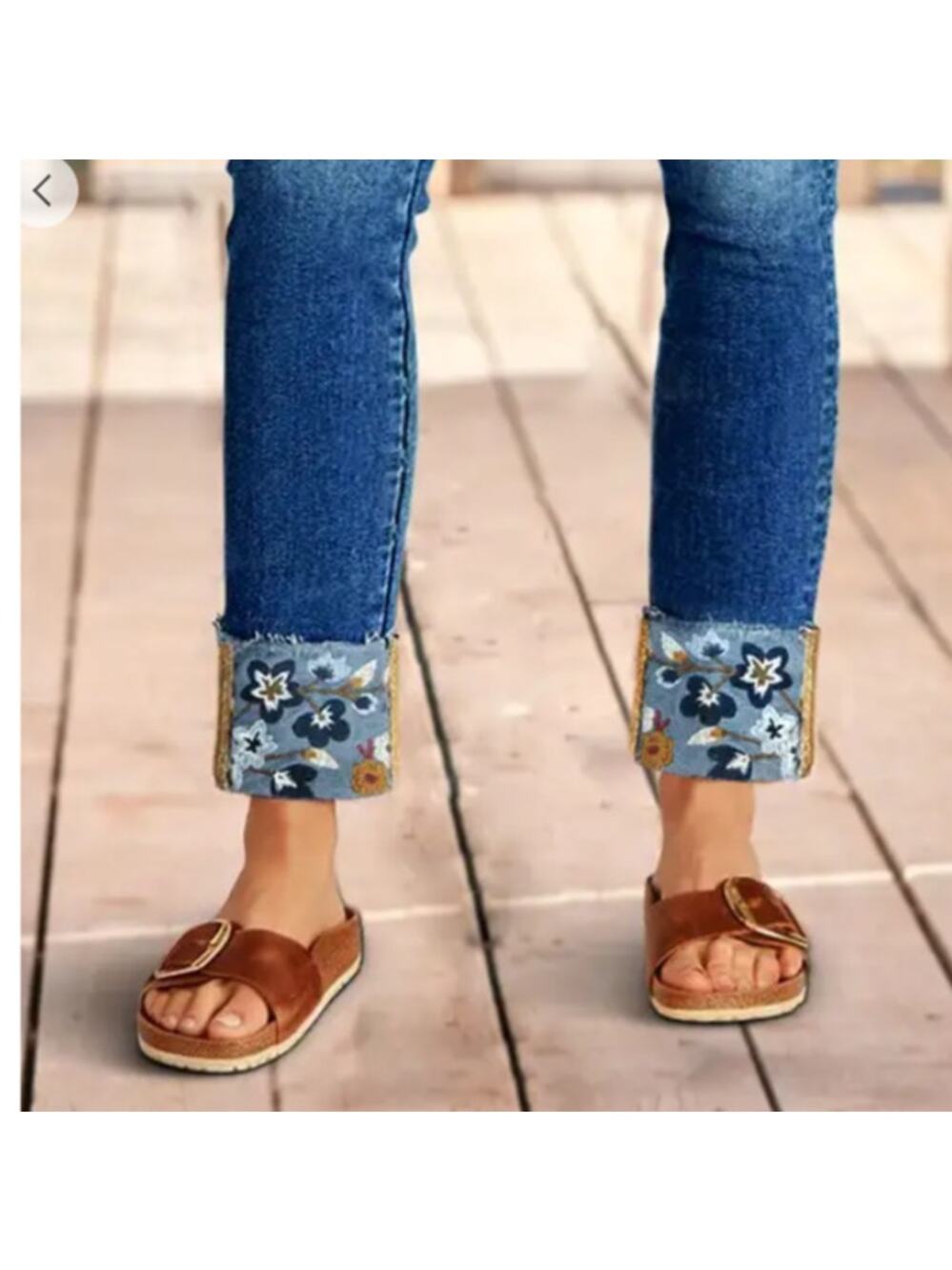 Flamingals Blue Floral Cuff Straight Leg Crop Jeans XL Stretch Denim Casual Chic